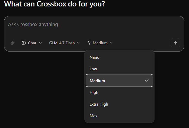 The intensity menu open under the message box, listing Nano, Low, Medium (selected), High, Extra High and Max.